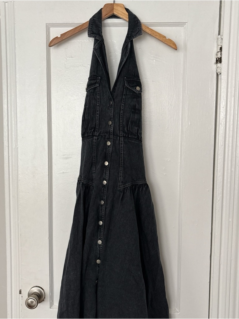 Free People Black Denim Halter Button-Front Maxi Dress